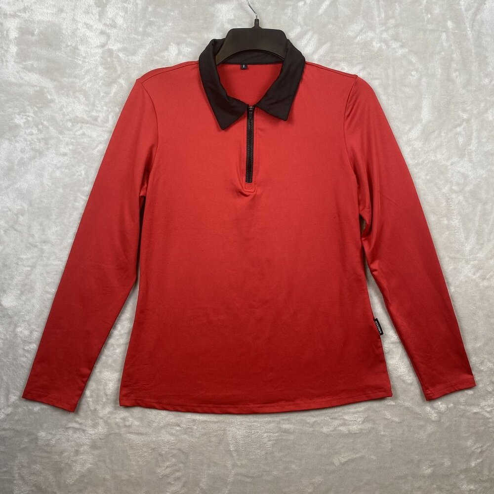 Soneven Womens Red Long Sleeve Polo Shirt Size Small Polyester Blend